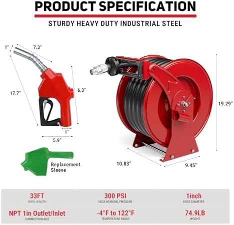Fuel Hose Reel 1" x 33 ft, Retractable Diesel Reel with Refueling Nozzle - Image 6
