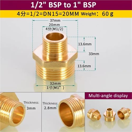 Hose Connector 6pcs Brass Pipe Hex Nipple Fitting 1/8" 1/4" 3/8" 1/2" 3/4" 1" BSP Male Thread Quick Adapter Coupler Connector for Garden Fitting(1l2to1) - Image 2