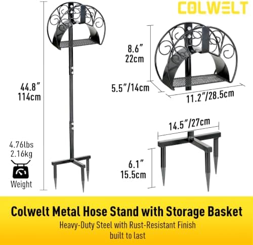Colwelt Garden Hose Holder & 50FT Water Hose 1/2", Freestanding Water Hose Holder, Rustproof Detachable Garden Hose Storage, Water Hose Reel Stand with Storage Basket, Metal Hose Stand for Yard & Lawn - Image 3