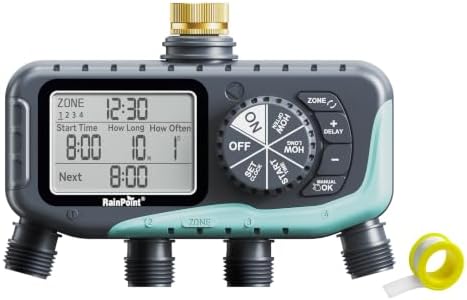 RAINPOINT Sprinkler Timer, 4 Outlets Hose Timer with Brass Inlet with Rain Delay/Manual/Automatic Controller System, Programmable Digital for Lawn Yard, 4 Zone (Sky Blue, 4 Outlets) by RainPoint