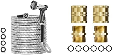 SPECILITE 50ft 304 Stainless Steel Garden Hose + Male to Male, Female to Female Hose Adapter by SPECILITE