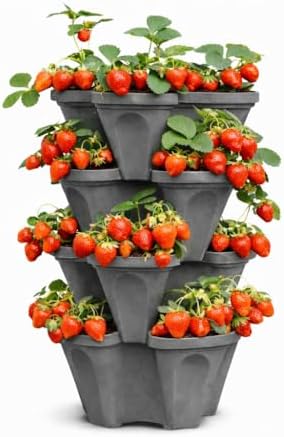 Vertical Garden Planter 4 Tier Stackable System 16 Plants, Space Saving Herb, Strawberry & Food Crop Planter with Center Support Hole for Indoor Outdoor Gardening (4, Slate Gray, Small) by SmartSpring