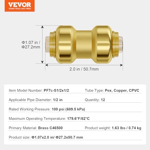 VEVOR Brass Pipe Fittings Push-Fit,Straight-Through,1/2" 12PCS - Image 7