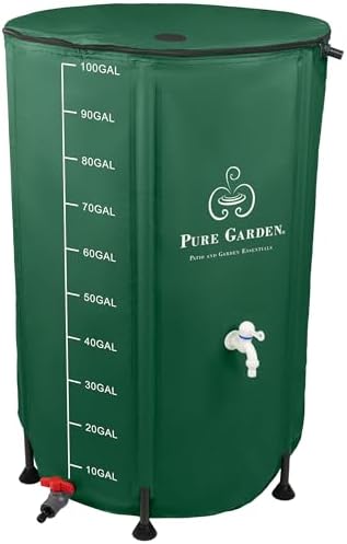 Collapsible Rain Barrel Kit - 100 Gallon / 380 L Portable Collapsible Water Container Tank - PVC Rain Collection System with Filter, Spigot, Outlet Valve, Overflow Tap and Hose by Pure Garden (Green) by PureGarden