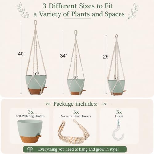 Bouqlife Large Hanging Planters with Macrame Plant Hangers for Indoor Outdoor Plants 3 Set 10" / 8" / 7" Self Watering Pots Hanging Baskets Flower Pot Holders 3 Different Size Green Large - Image 2