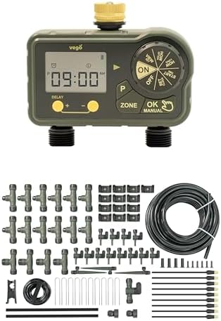 2 Zone Watering Timer with Brass Inlet & 40ft Drip Irrigation System for Raised Garden Beds by Vego