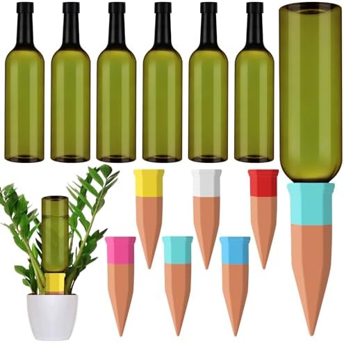 SiliFine 6 Sets Plant Watering Devices Include Terracotta Self Watering Spikes and 26 oz Plastic Bottles, Slow Release Vacation Insert Automatic Plant Waterer Device (Green and Mixed Color) by SiliFine