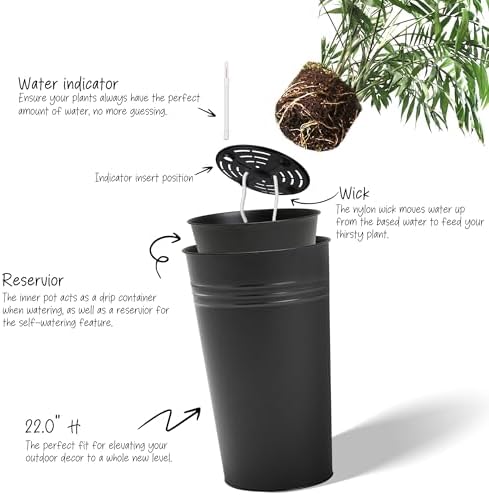 KOL 22''H 2-Pack Planter with Water Level Indicator - Galvanized Steel Pot - Self Watering Planters Flower Pot for Plant - Inner Pot Design - Round Metal Planter Box - Indoor Outdoor Planting - Black - Image 2