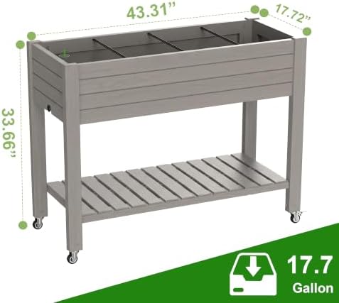 Elevated Resin Raised Garden Bed, 33.7in Height Raised Planter Box with Drainage Holes, Lockable Rotating Wheels & Bottom Storage Shelf, Stake Support, Easy Assembly for Patio Lawn Backyard Balcony - Image 2