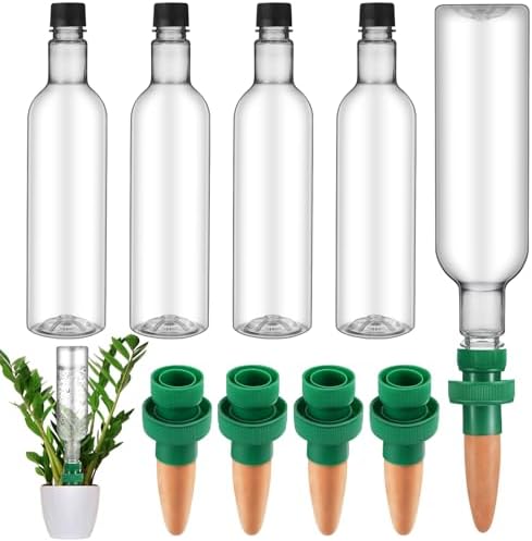 SiliFine 8 Set Plant Watering Devices Include Self Watering Spikes and 26 oz Plastic Bottles Plant Waterer Devices with Adjustable Control Valve Switch Indoor Outdoor (Clear) by SiliFine