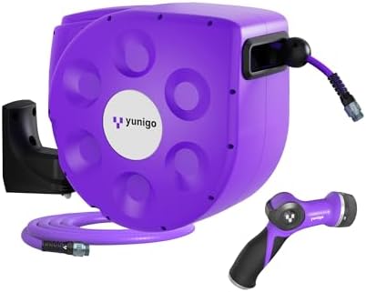 UNITY 100ft, Wall-Mounted Retractable Hose Reel, Slow Rewind, Complete System with Spray Nozzle, 180° Pivoting Mount, Fully Preassembled Compact System for Home & Garden Watering by Yunigo