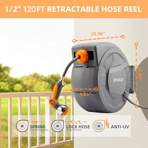 Retractable Garden Hose Reel, 1/2 inch x120 ft Water Hose Reel Wall Mounted, Any Length Lock, Slow Auto-Rewind, 180°Swivel Bracket & 10 Pattern Nozzle - Image 2