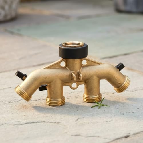 Garden Hose Splitter Heavy Duty 4 Way Brass Connector with Valves - Image 2