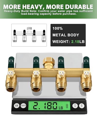 4 Way Hose Splitter, Heavy Duty Full Flow Garden Hose Splitter with 4 Large Metal Handles, Brass Water Hose Bib Splitter, T Adapter Connector with 3/4 - Inch GHT Thread (Green) - Image 5