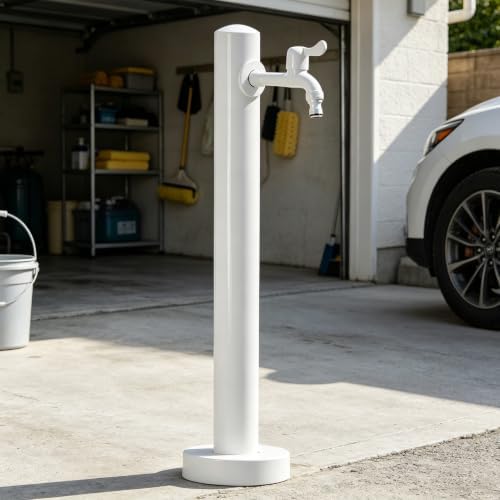 Outdoor Stainless Steel Garden Water Column, Freestanding Hose Stand with Double Faucet and Spray Gun, White Yard Hydrant for Gas Station, Car Washing(B,Height: 95cm/37.4in) by Lonmrrton