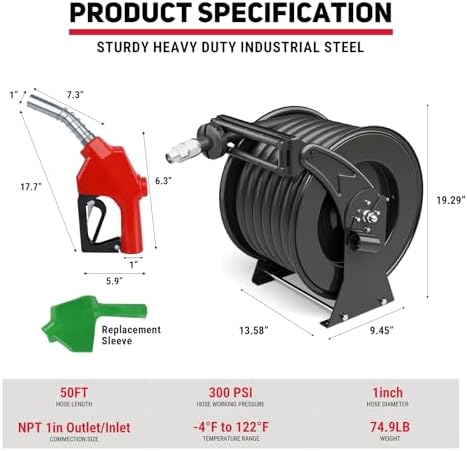 Fuel Hose Reel 1" x 50ft, Retractable Diesel Reel with Refueling Nozzle - Image 6