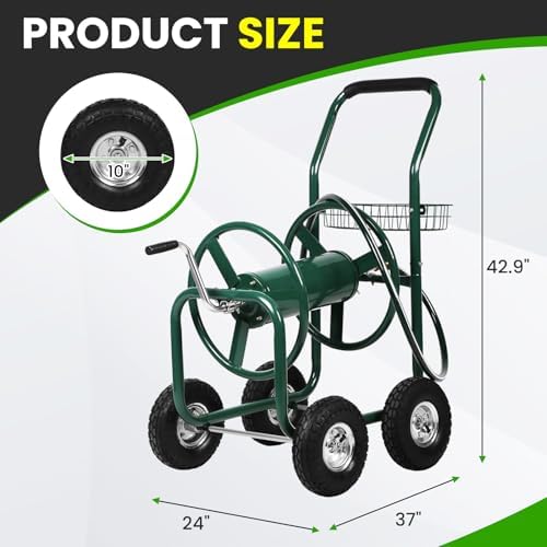 Hose Reel Cart, Hold Up to 300 ft of 5/8’’ Hose, Heavy Duty Garden Water Cart with 4 Wheels, Powder-coated Steel Outdoor Planting with Storage Basket for Garden, Lawn, Yard, Green - Image 3