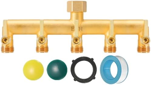 EBH Brass Garden Hose Splitter, 5 Way Outdoor Frostproof Tap Hose Splitter with 5 Individual On/Off Valve and Extended Handle, GHT 3/4-Inch Heavy Duty Hex Female Inlet and 3/4-Inch Male Outlet by Unknown