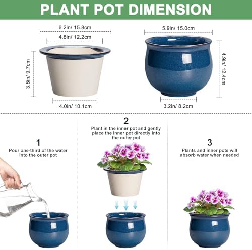 African Violet Pots, 6 Inch Ceramic Easy Self Watering Pots for Indoor Plant, Round Self Watering Planter with Absorbent Inner Pot, Ceramic Flower Pot, Room Decor, Plant Lover Gift, Retro Blue - Image 2