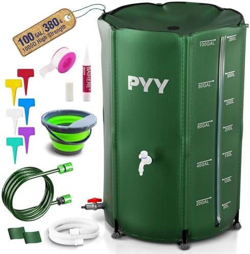 PYY Rain Water Collection Barrel - 100 Gallon Green Large Water Storage Tank with Spigots, Portable Rain Catcher to Collect Rainwater from Gutter, Plastic Rain Catchment System with Collapsible Bucket by PYYBuffetProducts