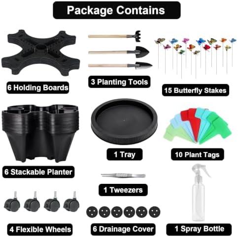 GameXcel Vertical Planter Tower - 6 Tier Stackable Garden Planters with Wheels and Garden Tool Set Plant Pots for Strawberry Herb Flower and Vegetable Indoor Outdoor Use Black - Image 7