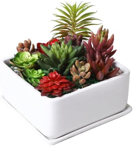 MyGift White Ceramic Square Planter Pot with Drainage Hole & Drip Tray by MyGiftHome