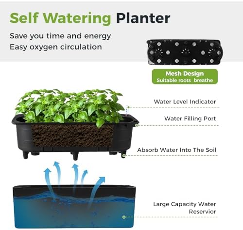 2 Pack Rectangular Self Watering Planter 15.6 x 5.4 in Window Sill Planters Indoor Rectangle Planter Self Watering Pots Plastic Plant pots with Drainage Holes Black Flower Pot (Black) - Image 4