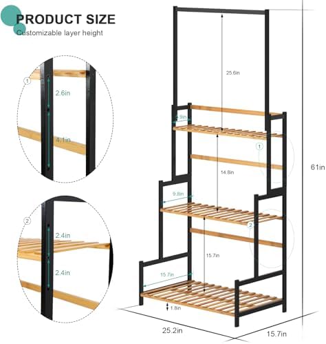 Ufine Bamboo Hanging Plant Stand 3 Tier Ladder Shelf with Hanging Rod - Image 6