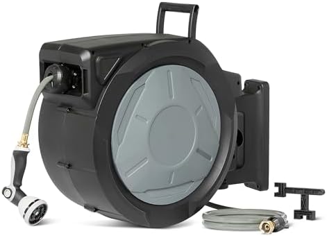 Amazon Basics Retractable Garden Hose Reel, 130 Foot, Wall Mounted, 10-Pattern Spray Nozzle, 180° Swivel Bracket by AmazonBasics