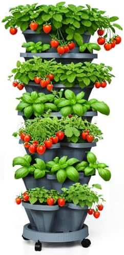 Strawberry Planters, 7 Tiered Vertical Stackable Planter, Herb Stacking Tower Garden, Flower and Vegetable Planters with Support Pole Indoor & Outdoor with Removable Wheels - Dark Grey by Lykvrii