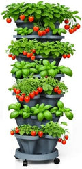 Strawberry Planters, 7 Tiered Vertical Stackable Planter, Herb Stacking Tower Garden, Flower and Vegetable Planters with Support Pole Indoor & Outdoor with Removable Wheels - Dark Grey by Lykvrii