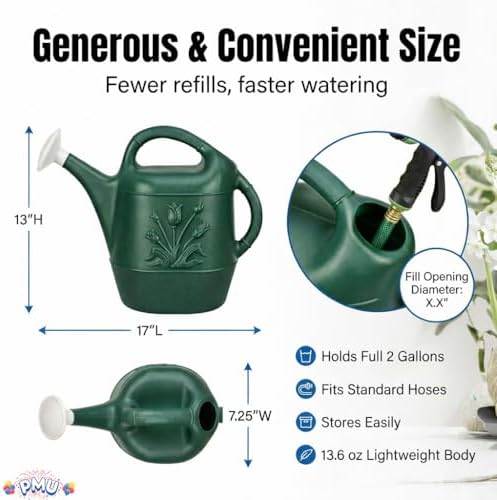 PMU 2 Gallon Watering Can - Garden Watering Can for Indoor & Outdoor Plants - Plastic Water Can with Detachable Sprinkler Head - Large Water Pot, Made in USA - Hunter Green Pkg/3 - Image 3