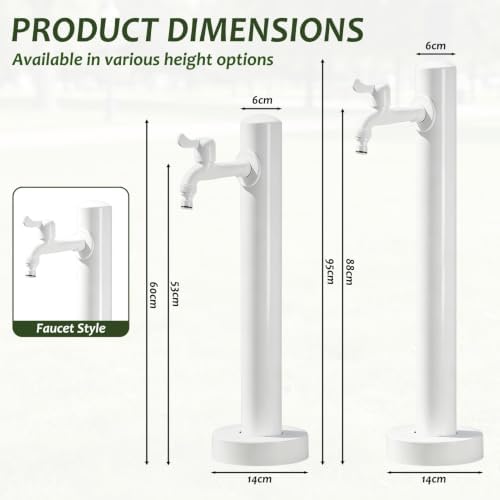 Outdoor Stainless Steel Garden Water Column, Freestanding Hose Stand with Double Faucet and Spray Gun, White Yard Hydrant for Gas Station, Car Washing(B,Height: 60cm/23.6in) - Image 2
