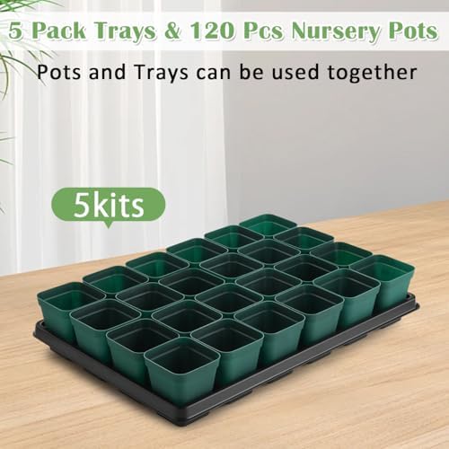 RooTrimmer 2.8 inch (7CM) Square Nursery Pots 120pcs (Green) and 24 Cell Nursery Pots Trays 5 Pack, Plastic Seedling Starter Tray with Drain Holes for Carrying and Holding Plant Pot(17"x11"x1.6") - Image 3