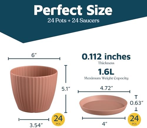 Pink 6-Inch Plant Pots with Drainage & Saucers 24 Pack, Indoor & Outdoor Planters for Houseplants, Herbs, and Flowers, Durable & Weatherproof Material, Stackable, Lightweight, Minimalist Design - Image 2
