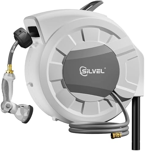 SILVEL Automatic Retractable Garden Hose Reel on Metal Spike, 1/2 in x 90FT Ground Mounted Outside, UV Resistant with 10 Pattern Nozzle, 360° Swivel, No Holes in Your House, Easy Installation by SILVEL