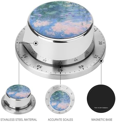 Stainless Steel Water Lily Pond in The Morning Printed Mechanical Timer - No Battery Required, Magnetic Loud Alarm Clock, Suitable for Travel and Office, Gym - Image 3