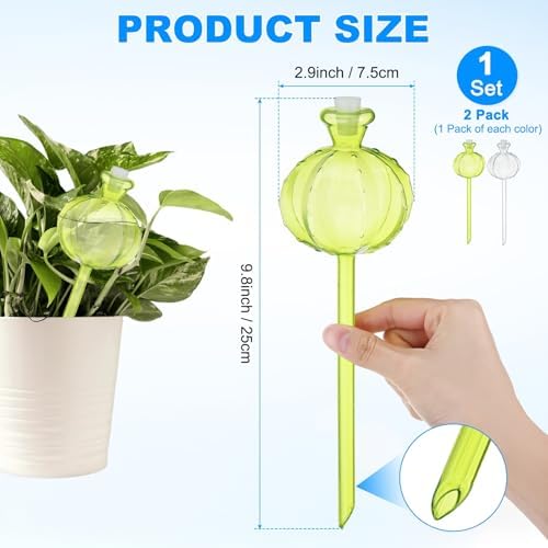 M METERXITY 2-Pack Plant Watering Globes, 9.8 Inch Plastic Self Watering Planter Insert with 2 Stoppers for Indoor/Outdoor Plants, Self Water Devices [Green/Transparent] - Image 3