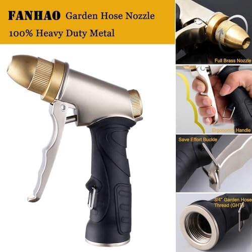 FANHAO Heavy Duty Garden Hose Nozzle, 100% Metal High Pressure Water Spray Nozzle with 4 Adjustable Patterns, Full Brass Nozzle & Non-Slip Comfort Grip for Watering, Car Washing & Pet Showering - Image 3