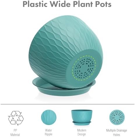 Meowell Large Plant Pots 12/10/9 inch, 3 Pack Big Flower Pots for Outdoor Indoor Plants with Water Ripples, Wide Plastic Planters with Drainage Holes and Saucers for Garden Home Decor, Blue Green - Image 4