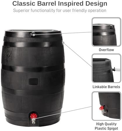 RTS Home Accents 50-Gallon ECO Rain Barrel Made with 100% Recycled Plastic, Flat Back Rain Water Collection Barrel, Stand Included, Black - Image 4