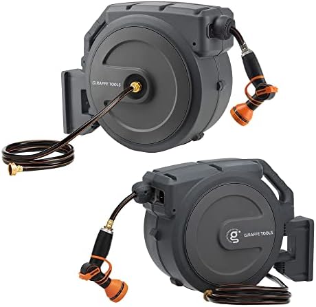 Giraffe Wall Mounted Hose Reel Retractable, 1/2" 78ft Set and Garden Hose Reel 1/2 inch x 130 ft PRO Set with Metal Bracket by GiraffeTools