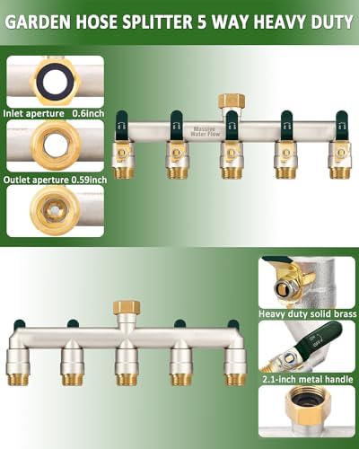 5 Way Hose Splitter, Heavy Duty Full Flow Garden Hose Splitter with 4 Large Metal Handles, Brass Water Hose Bib Splitter, T Adapter Connector with 3/4 - Inch GHT Thread (Green) - Image 4