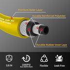 Heavy Duty Premium Garden Hose 100ft x 5/8", 300PSI Working, 1000PSI Burst, Hybrid Rubber Water Hose with Transparent Swivel Handle - Hot/Cold Water Five Layered Braiding with Brass fittings (Yellow) - Image 2