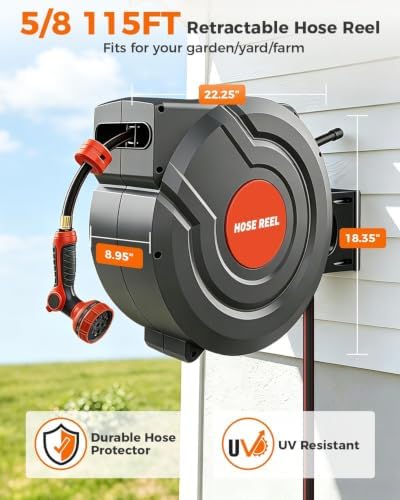 5/8 Inch 115FT Retractable Garden Hose Reel,Wall Mounted Retractable Hose Reel with 9-Pattern Nozzle, 180° Swivel Auto Rewind, Any Length Lock Water Hose Reel for Yard Garden Car Washing - Image 2