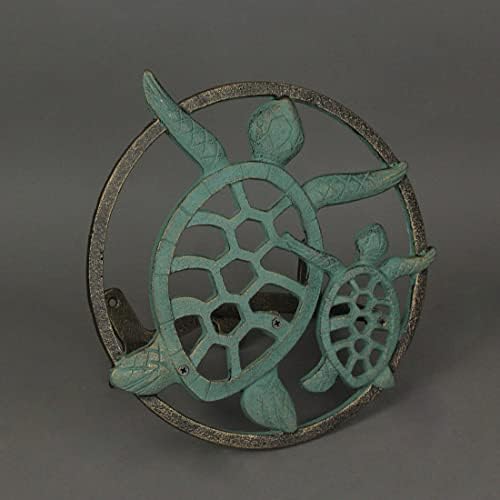 Sea Turtle Garden Hose Holder, 11.75 Inch Diameter Verdigris Cast Iron - Image 4