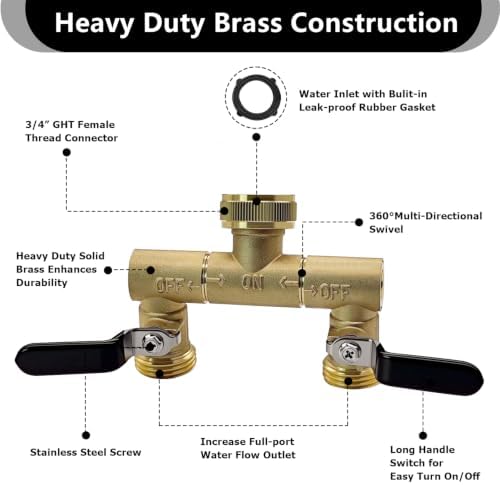 360° Rotatable Garden Hose Splitter 2 Way, Solid Brass Water Hose Y Valve - Image 2