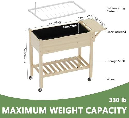 Raised Garden Bed with Legs and Wheels, Self-Watering System, 34x18x30in Elevated Planter Box with Storage Shelf & Liner for Flowers Vegetables Herbs, Raised Bed for Outdoor/Balcony/Patio - Image 3