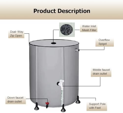 13.2-264 gal Collapsible Rain Barrel, Portable Water Storage Tank, Rainwater Collection System Downspout, Water Catcher Container with Filter Spigot Overflow Kit(White,0.5x0.88m/160L/42.3gal) - Image 3