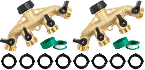 Hourleey Brass 4 Way Heavy Duty Garden Hose Splitter, Water Hose Splitter for 3/4" Hose Connector, Hose Faucet Splitter Hose Spigot Adapter 4 Valves with 4 Rubber Washers & Tape (Pack of 2) by Hourleey